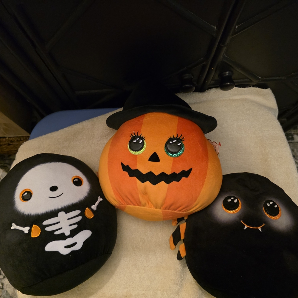 Halloween Pumpkin, Skeleton and Spider Squishy Beanies